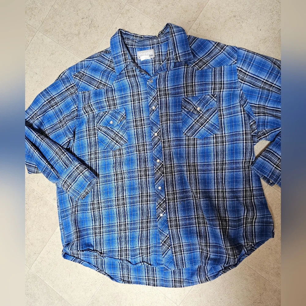 Wrangler Wrancher Men's 3X Pearl Snap Flannel Shirt Blue Plaid Western Cowboy